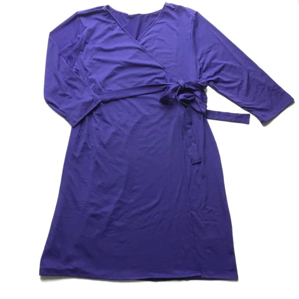 NEW L LuLaRoe Michelle Wrap Dress Blue Purple Blurple Solid Swing Tie 3/4 Sleeve